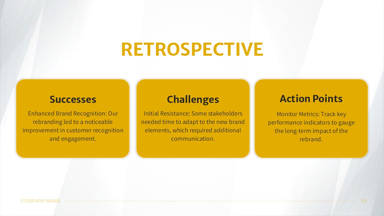 Rebranding PowerPoint Template retrospective slide