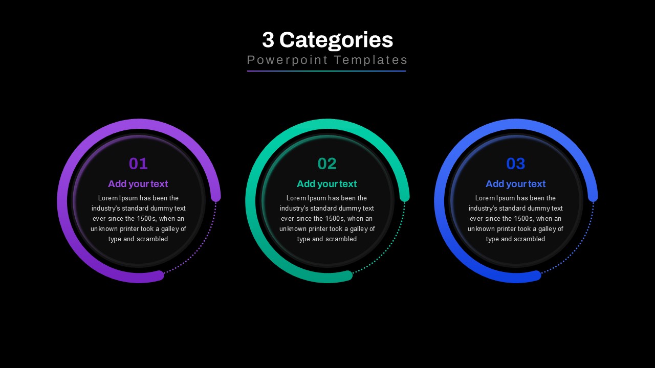 A dark-themed version of the three-category PowerPoint slide, featuring a modern and professional layout with semi-circle infographics.