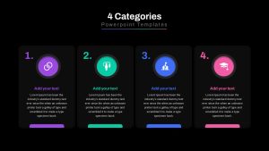 A dark-mode version of the four-category PowerPoint slide, featuring high contrast colors and a clean, modern layout.