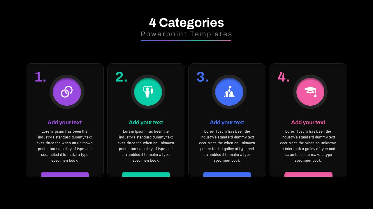 A dark-mode version of the four-category PowerPoint slide, featuring high contrast colors and a clean, modern layout.