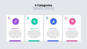 A four-category PowerPoint template with rectangular infographic cards, icons, and text sections, designed for structured business presentations.