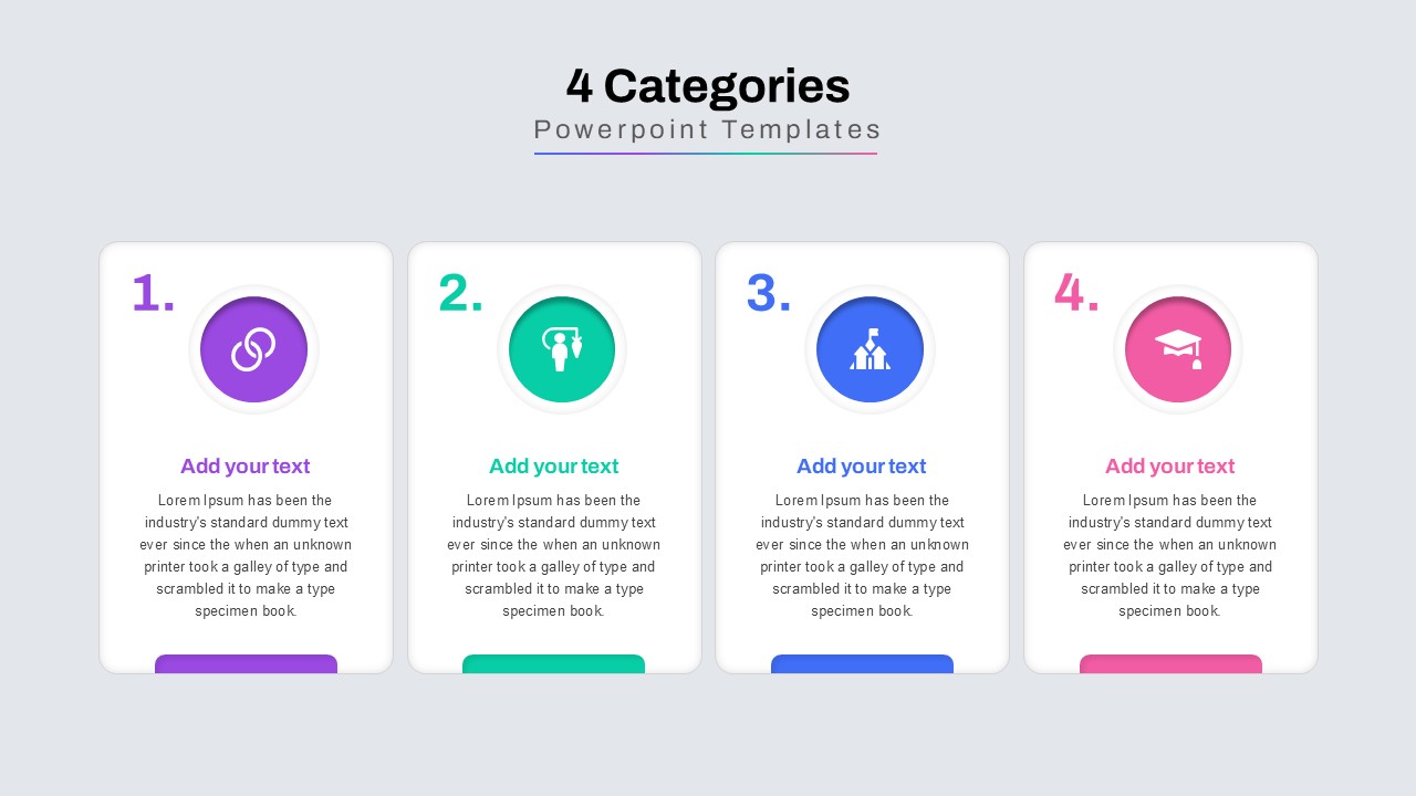 A four-category PowerPoint template with rectangular infographic cards, icons, and text sections, designed for structured business presentations.