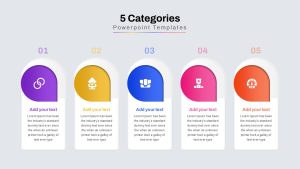 A five-category PowerPoint template with arch-shaped infographic cards, perfect for displaying business strategies, team structures, or segmented information.