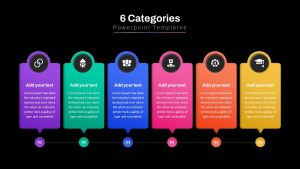 A dark-mode variation of the six-category process infographic slide, ideal for professional business and marketing presentations.