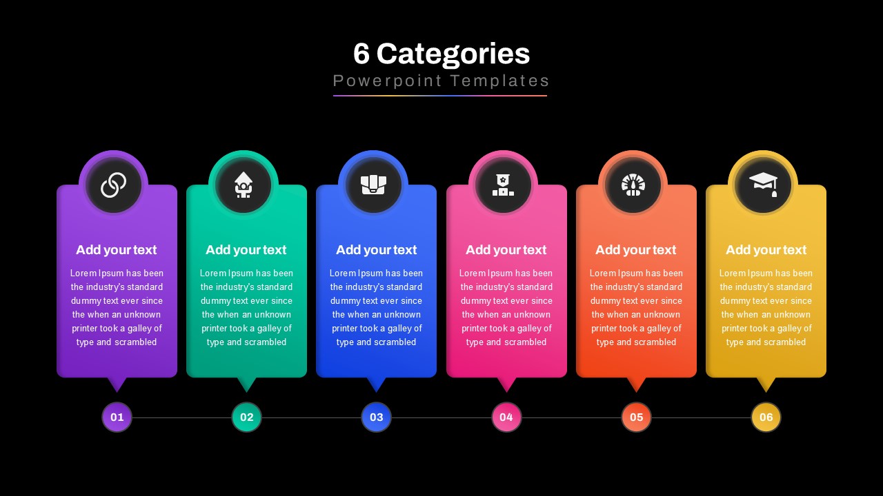 A dark-mode variation of the six-category process infographic slide, ideal for professional business and marketing presentations.