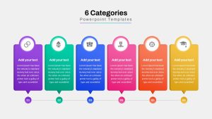 A six-category infographic PowerPoint slide with pointed infographic cards, perfect for illustrating a workflow, process, or segmentation.