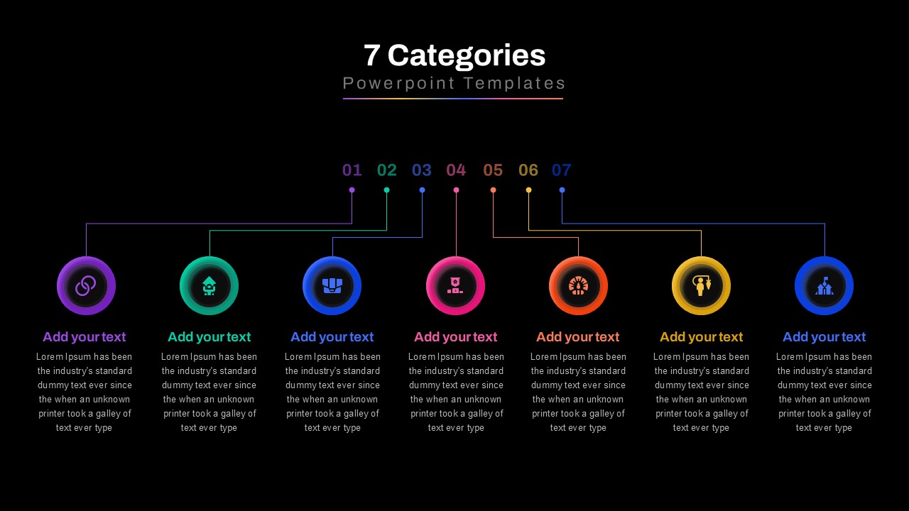 A dark-themed version of the seven-category PowerPoint slide, designed to create a bold, engaging, and easy-to-follow business presentation.