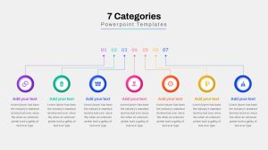 A seven-category PowerPoint slide featuring a connected infographic design, best for visualizing step-by-step processes, hierarchy, or multi-stage workflows.