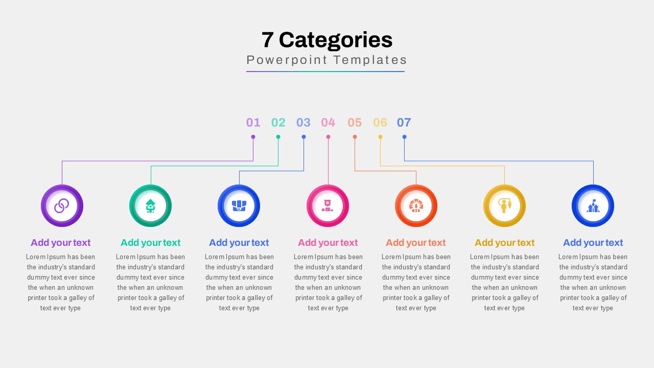 A seven-category PowerPoint slide featuring a connected infographic design, best for visualizing step-by-step processes, hierarchy, or multi-stage workflows.