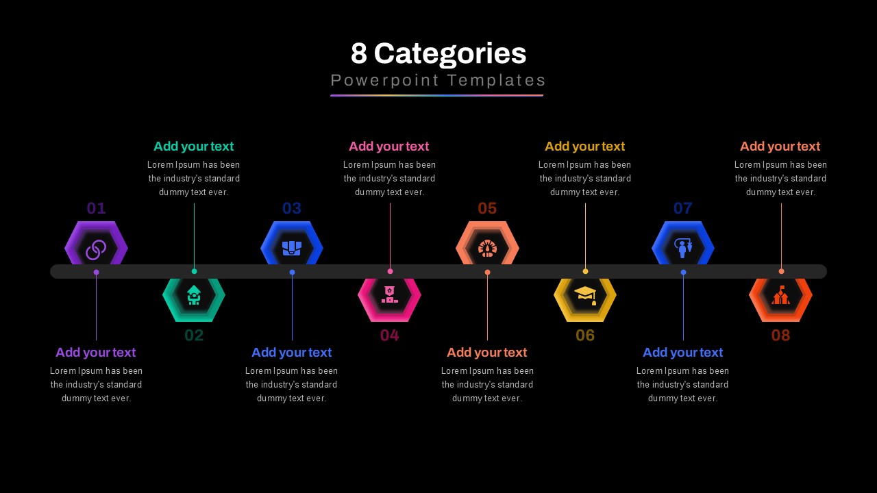 A dark-mode version of the eight-category PowerPoint timeline slide, using high contrast hexagonal infographics to present structured data effectively.