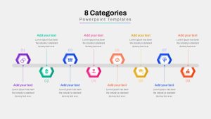 An eight-category PowerPoint timeline slide in a light theme, featuring hexagonal infographic elements for categorizing project milestones, business strategies, or process flows.