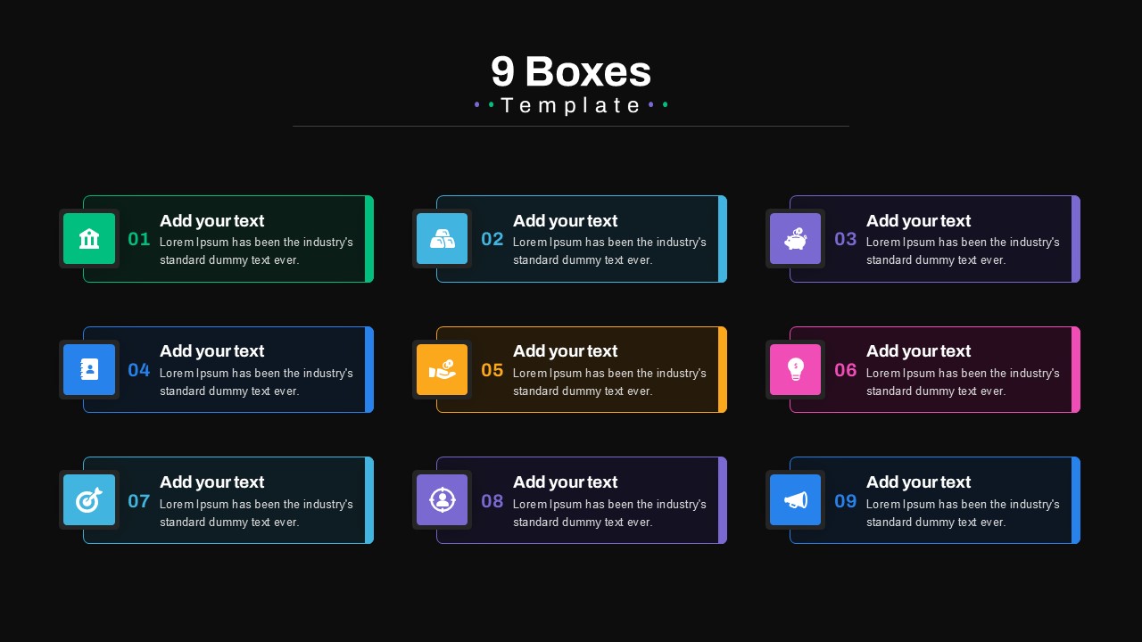 Boxes PowerPoint Template 9 boxes black