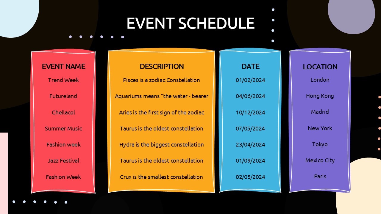 Event Schedule PowerPoint Template Dark