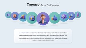 A presentation slide with Circular carousel icons showcasing business concepts with a central businessman figure.