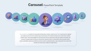 A presentation slide with Innovation and business icons carousel layout with a central professional character.