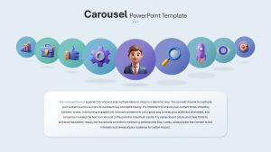 Innovation and business icons carousel layout with a central professional character.