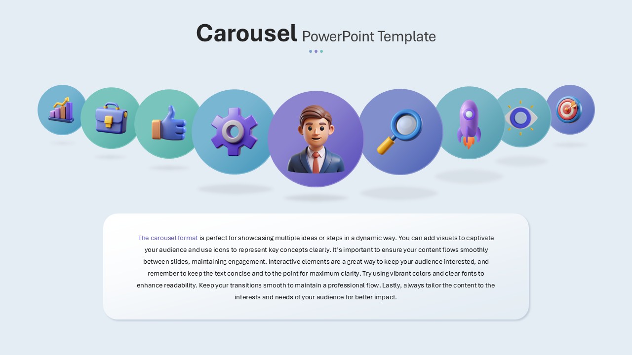 Innovation and business icons carousel layout with a central professional character.