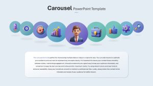 A presentation slide with Marketing and business icons arranged in a carousel around a central business character.