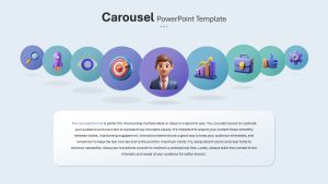 A presentation slide with Business growth and strategy icons in carousel style with a central businessman illustration.