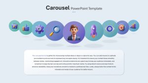 A presentation slide with Technology and success themed carousel icons with a businessman figure in the center.