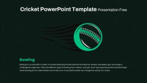 Dark background cricket bowling slide with spinning ball and descriptive text