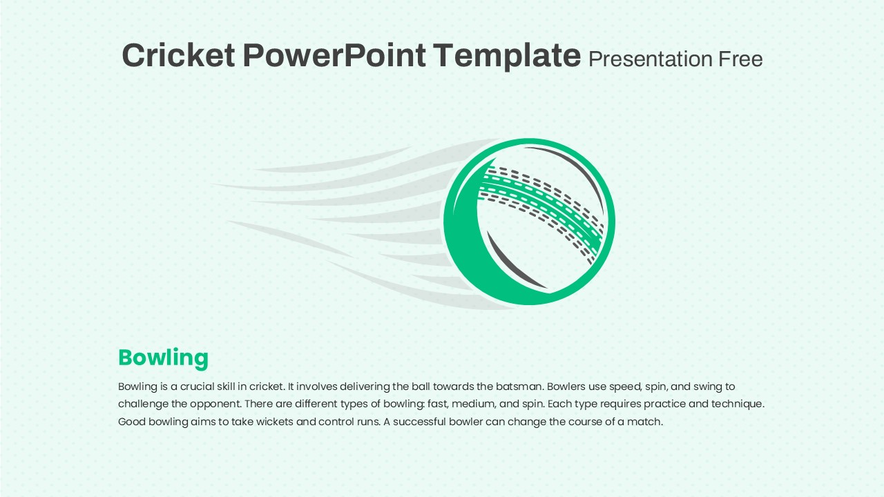 Illustration of a cricket ball with motion lines and bowling explanation text