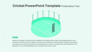 Cricket field graphic with pitch and stumps, explaining fielding roles