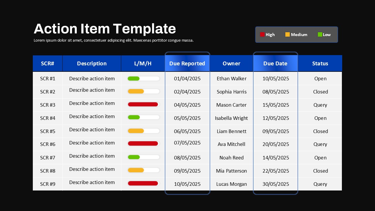 Action Items PowerPoint Template Dark
