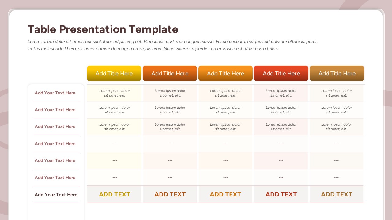 5 Column Gradient Comparison Table Layout Template