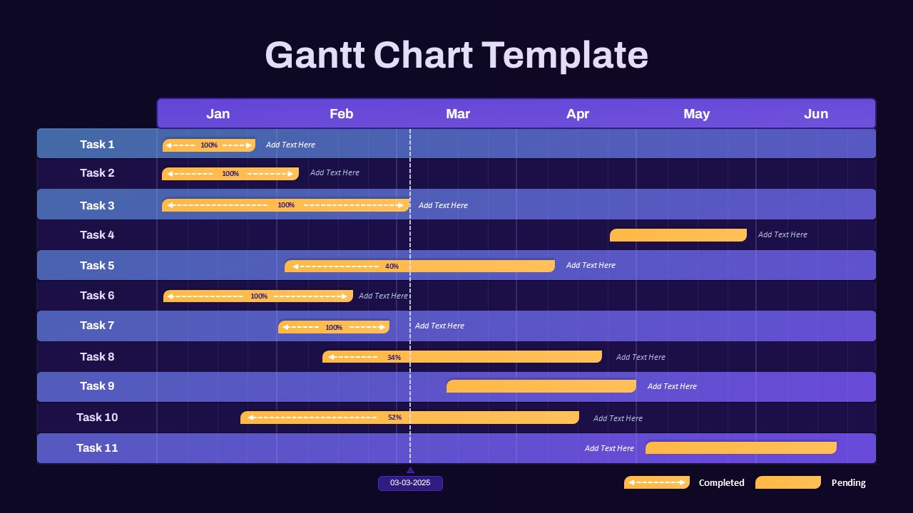 Colorful 6 Month Gantt Chart with Task Progress Tracking Template for PowerPoint & Google Slides