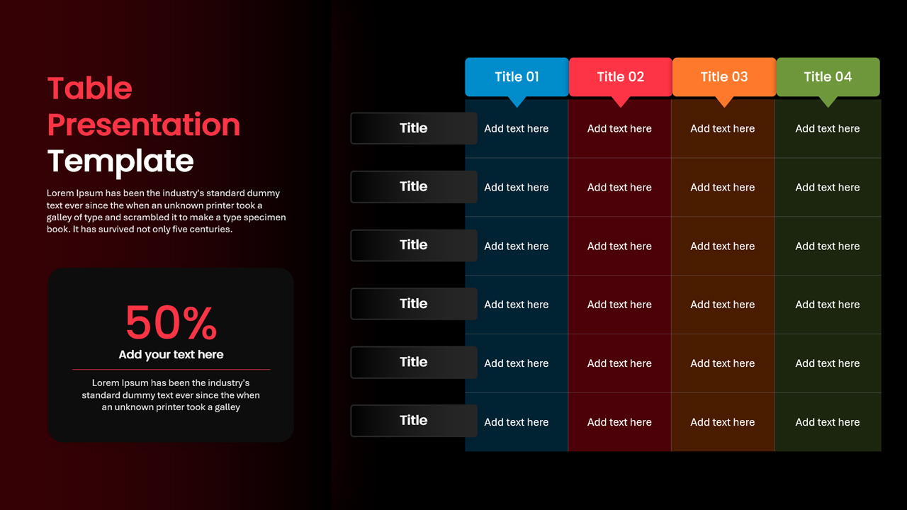 Colorful Dark Comparison Presentation Table Slide