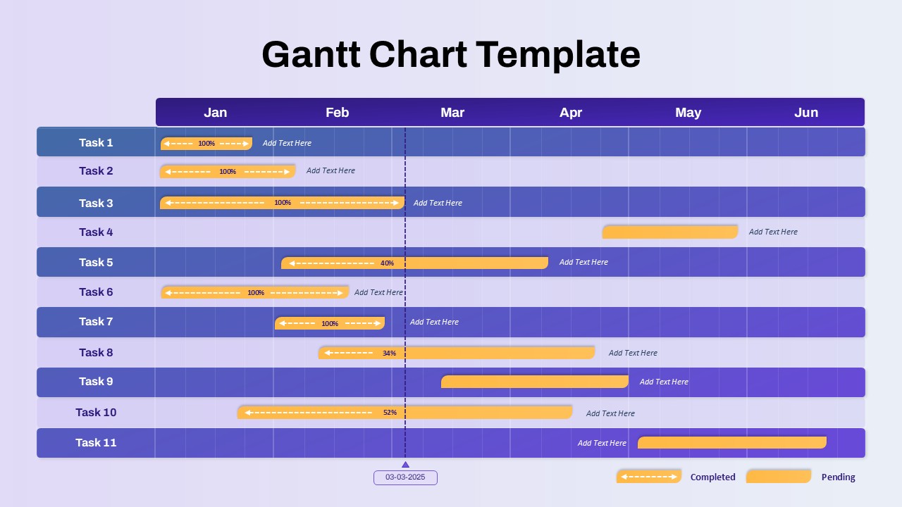 Colorful Half Year Gantt Chart with Task Progress Tracking Template for PowerPoint & Google Slides