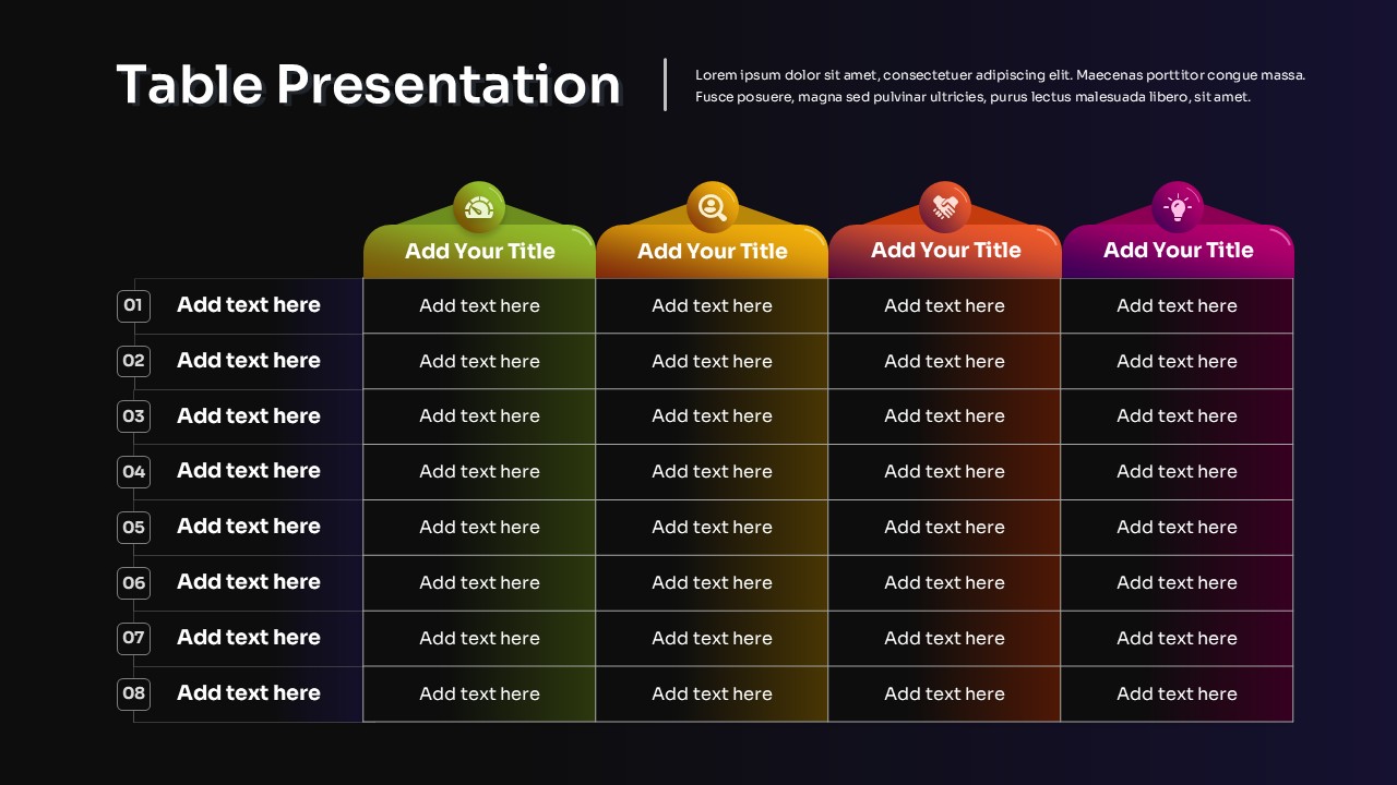 Colorful Multi-Column Table Presentation Slide