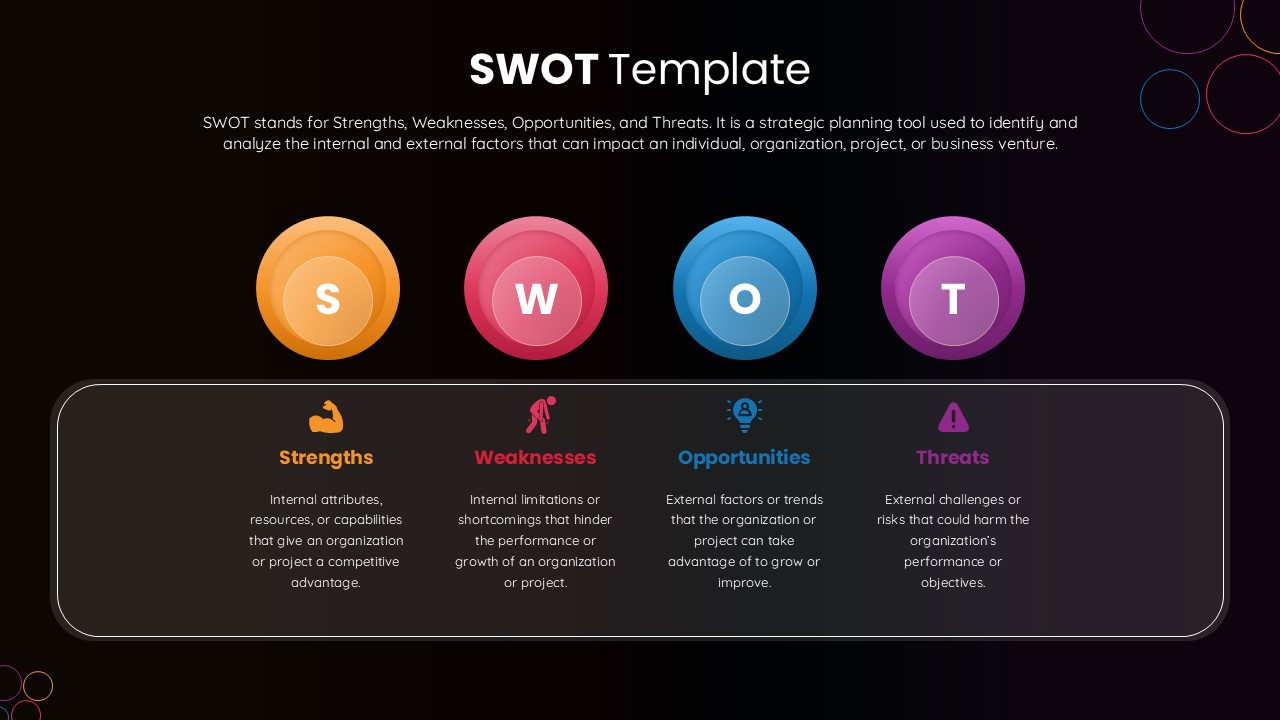 This Dark SWOT Template with Colorful Circles for Presentations template for PowerPoint contains a complete slide deck with sections for introduction, main content, and conclusion. Business professionals can use this presentation to communicate with stakeholders and clients. The template includes editable text placeholders, color schemes, and layout options for customization.