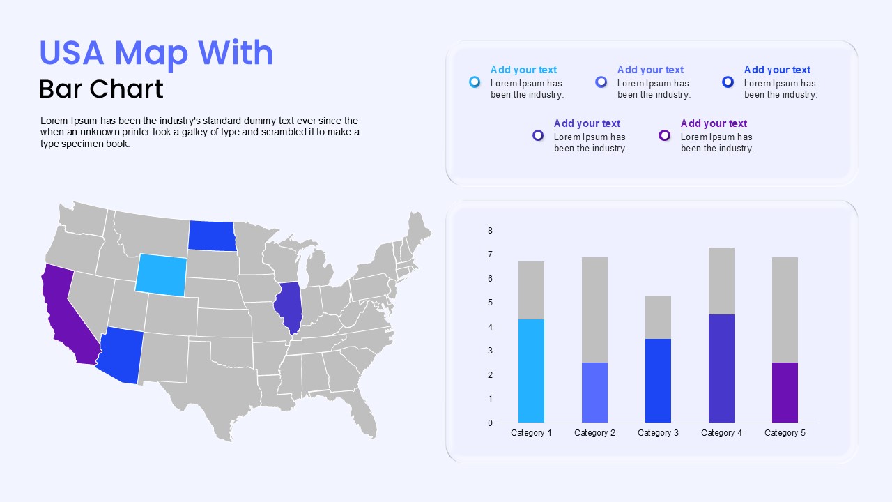 USA Map with Data-Driven Bar Chart Template for PowerPoint & Google Slides