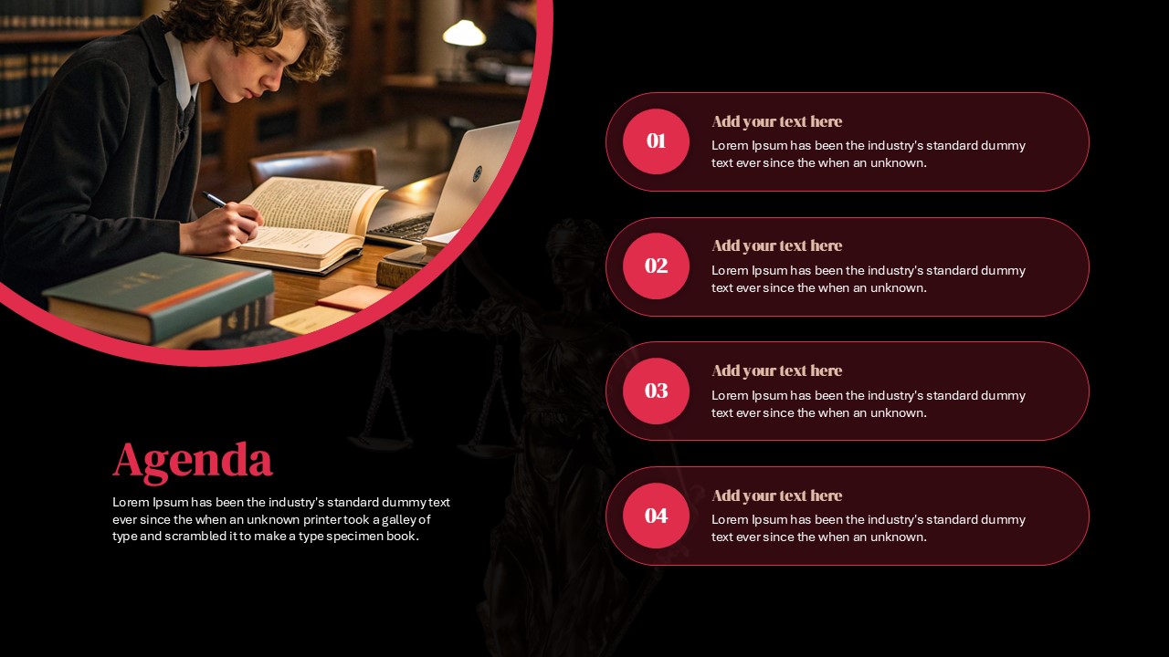 Law School Presentation Deck Agenda Slide