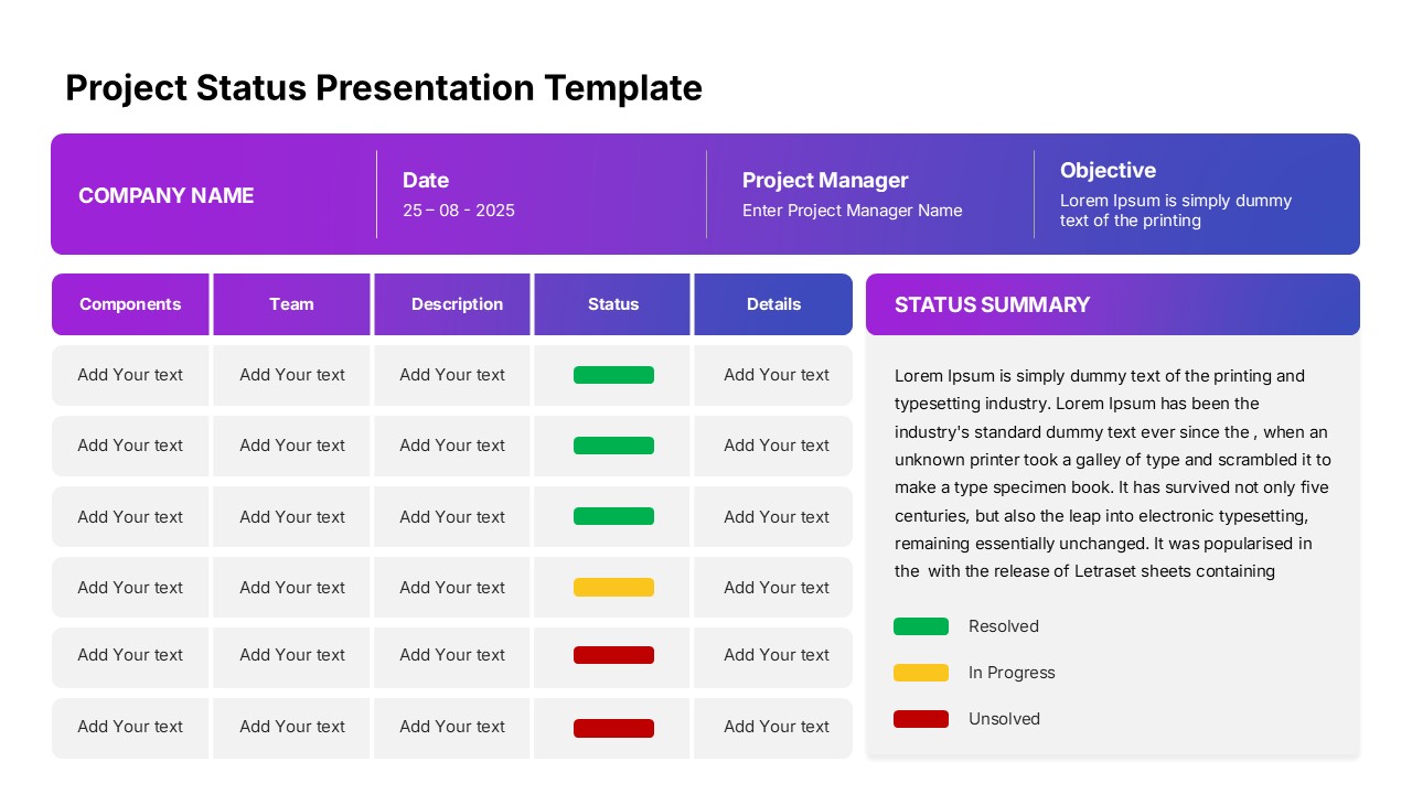 Project Status Dashboard with KPI Indicators Template