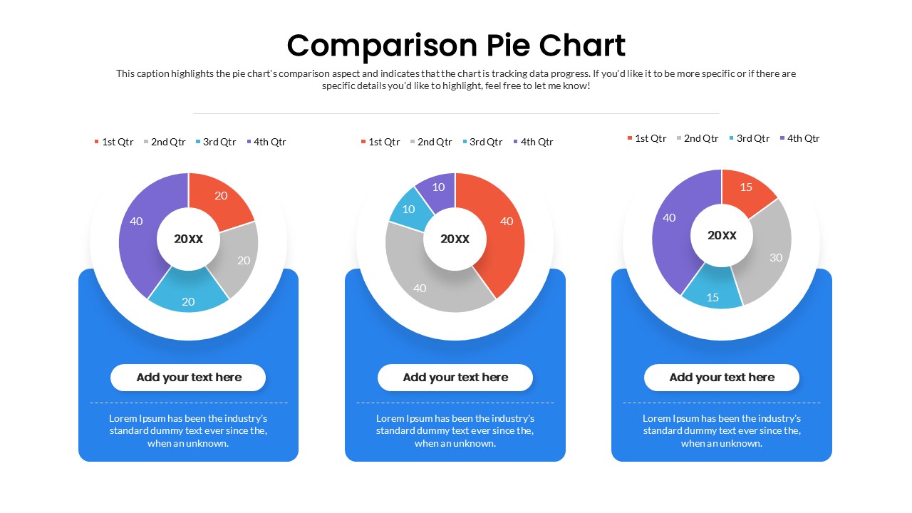 Quarterly Comparison Pie Chart Layout Template for PowerPoint & Google Slides