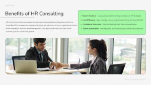This HR Consulting slide highlights Benefits with feature points. Sales teams can emphasize value. The template includes advantage sections.