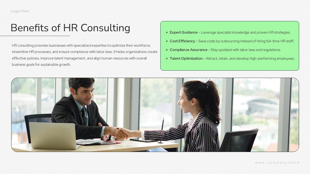 This HR Consulting slide highlights Benefits with feature points. Sales teams can emphasize value. The template includes advantage sections.