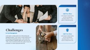 This Fund Management slide outlines Challenges with placeholder text. Consultants can identify problems before solutions. The layout includes icon-based sections.