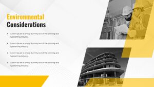 This Construction Site Presentation template for PowerPoint contains a complete slide deck with sections for introduction, main content, and conclusion. Business professionals can use this presentation to communicate with stakeholders and clients. The template includes editable text placeholders, color schemes, and layout options for customization.