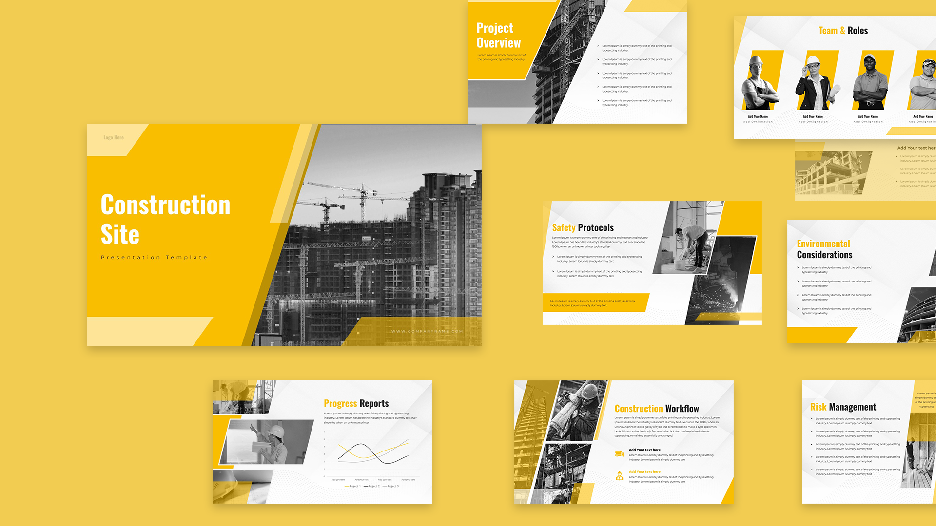 This Construction Site Project Overview slide serves as an Introduction with title and opening context. Presenters can use this to set expectations at the start. The template includes subtitle areas and visual accents.
