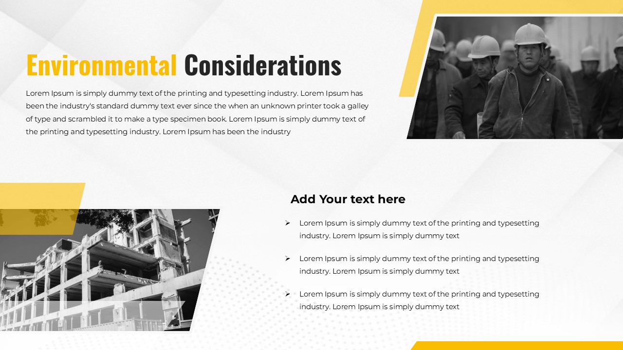 This Construction Site Project Overview Presentation slide serves as an Introduction with title and opening context. Presenters can use this to set expectations at the start. The template includes subtitle areas and visual accents.