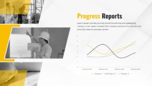 This Construction Site Project Overview Progress Reports slide serves as an Introduction with title and opening context. Presenters can use this to set expectations at the start. The template includes subtitle areas and visual accents.