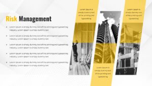 This Construction Site Project Overview Risk Management slide covers Risk Management and Compliance with assessment matrices. Finance teams can use this to present regulatory considerations. The template includes severity scales and mitigation strategies.