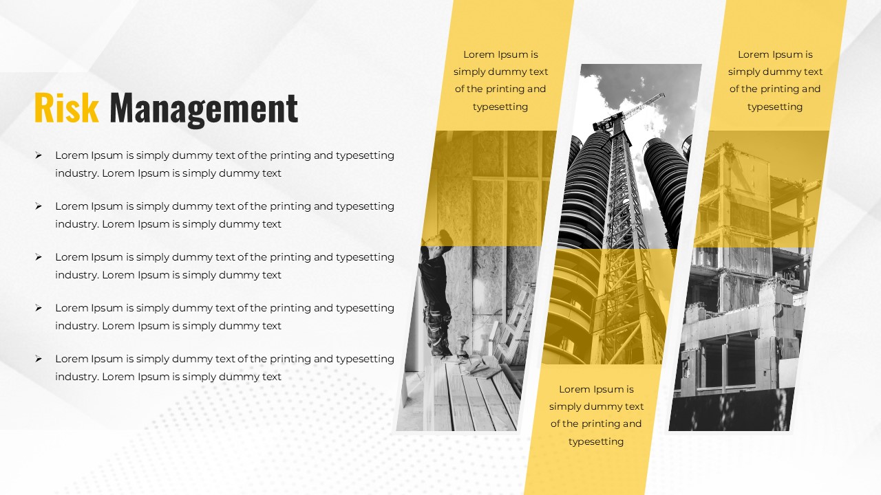 This Construction Site Project Overview Risk Management slide covers Risk Management and Compliance with assessment matrices. Finance teams can use this to present regulatory considerations. The template includes severity scales and mitigation strategies.