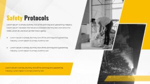 This Construction Site Project Overview Safety Protocols slide features a Table of Contents layout with numbered sections and page references. Presenters can use this to outline their presentation structure. The template includes clickable section links and clean visual hierarchy.