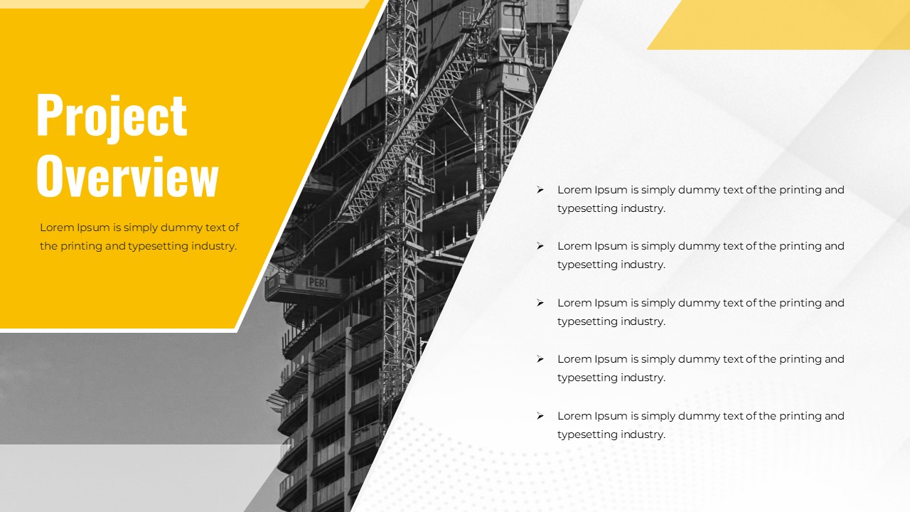 This Construction Site Project Overview slide serves as an Introduction with title and opening context. Presenters can use this to set expectations at the start. The template includes subtitle areas and visual accents.