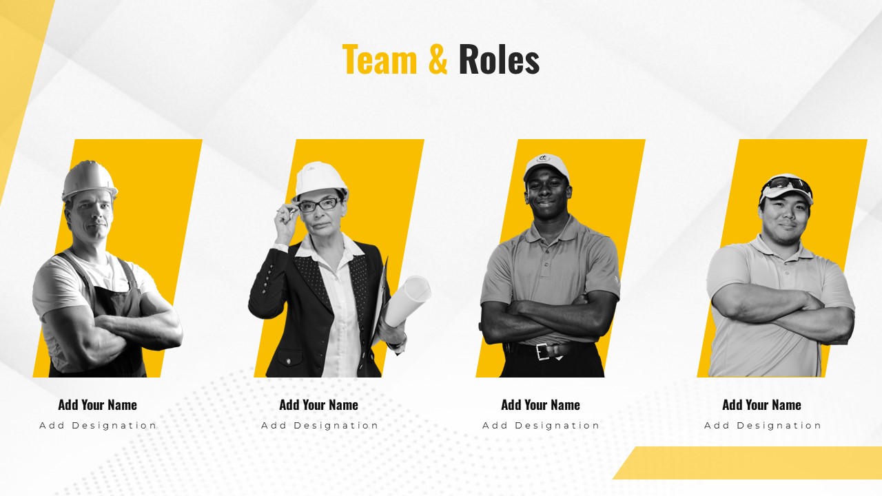 This Construction Site Team Roles Presentation slide features a Team Introduction layout with placeholders for member photos, names, and roles. HR departments can use this slide to showcase organizational structure. Startups and agencies can also adapt this for investor decks. The template includes circular photo frames and editable text fields.